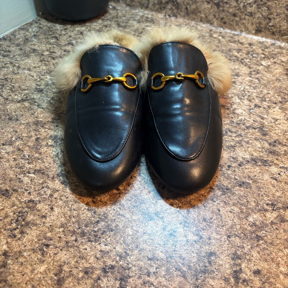 Black Leather Mules with Gold Hardware and Fur Trim